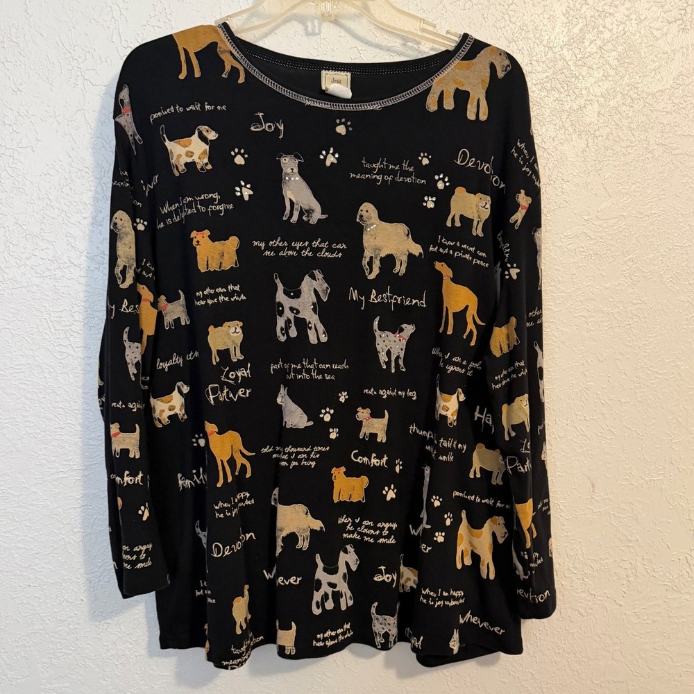 Jess & Jane Womens 3X Black Dog Print Long Sleeve Cotton Graphic Top 14-244X